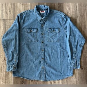 WRANGLER Denim Long Sleeve Button-Down 2 Pocket Work Shirt Blue Men’s XL Stretch